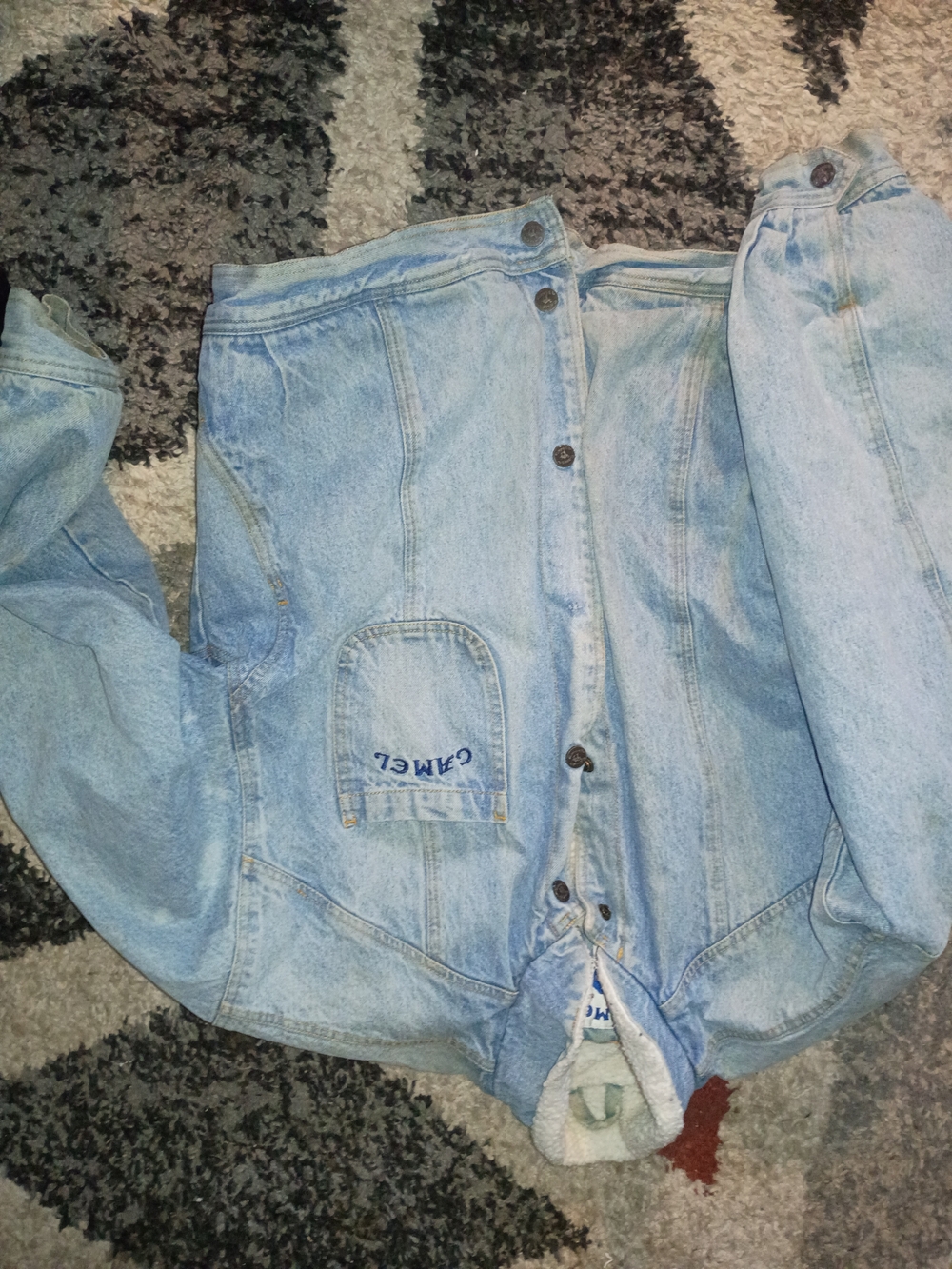 vintage Camel Men's Light Blue Denim Overalls-Style Jacket with Sherpa Lining